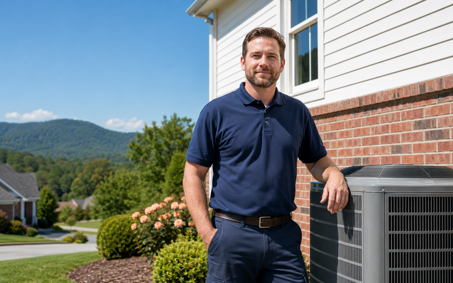Residential HVAC technician beside an outdoor air conditioning system at a Northwest Georgia home